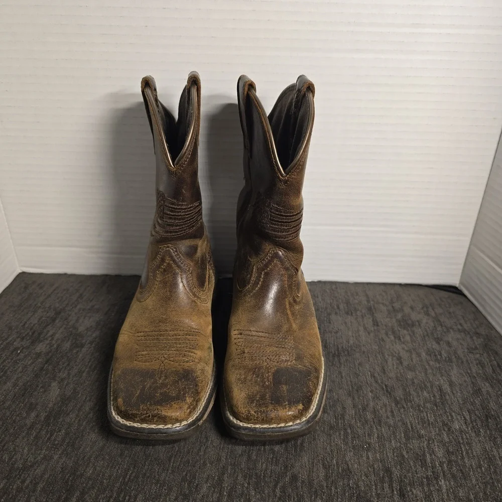 Ariat Kids Distressed Brown Leather American Flag Square Toe Western Boots Sz 11